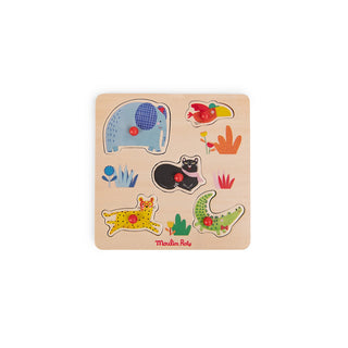 Dschungeltiere 5 XXL-teiliges Holzpuzzle mit Knöpfen für Kinder von 1-2 Jahren Moulin Roty