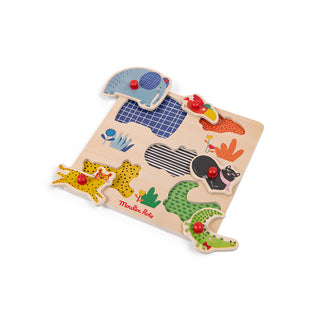 Dschungeltiere 5 XXL-teiliges Holzpuzzle mit Knöpfen für Kinder von 1-2 Jahren Moulin Roty
