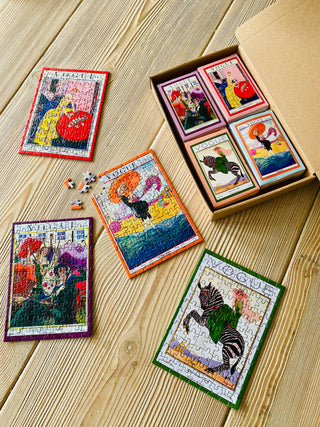 4 x Modeblad minipuslespil med 99 brikker fra Penny Puzzle.