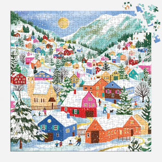 Swiss Alpine Village 500 brikker julepuslespil m/ guldfolie fra Galison