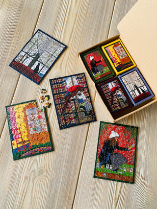 4 x Vintage Homes minipuslespil med 99 brikker fra Penny Puzzle.