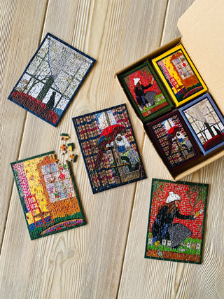 4 x Vintage Homes minipuslespil med 99 brikker fra Penny Puzzle.